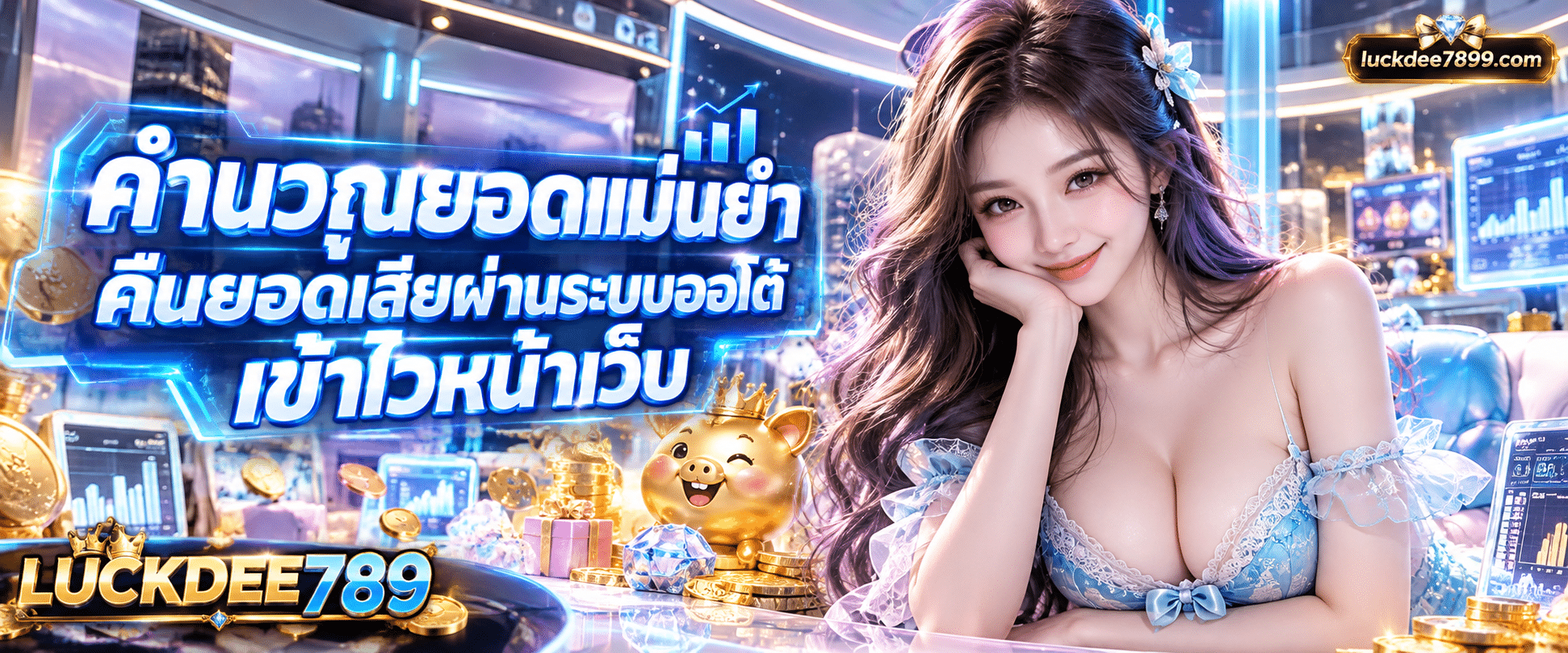 ภาพกราฟิกแดชบอร์ดหลังบ้านแสดงฟังก์ชัน LUCKDEE789 คืนยอดเสีย ระบบออโต้เข้าไว มีตัวเลขการคำนวณและไอคอนเหรียญทองโปร่งใส